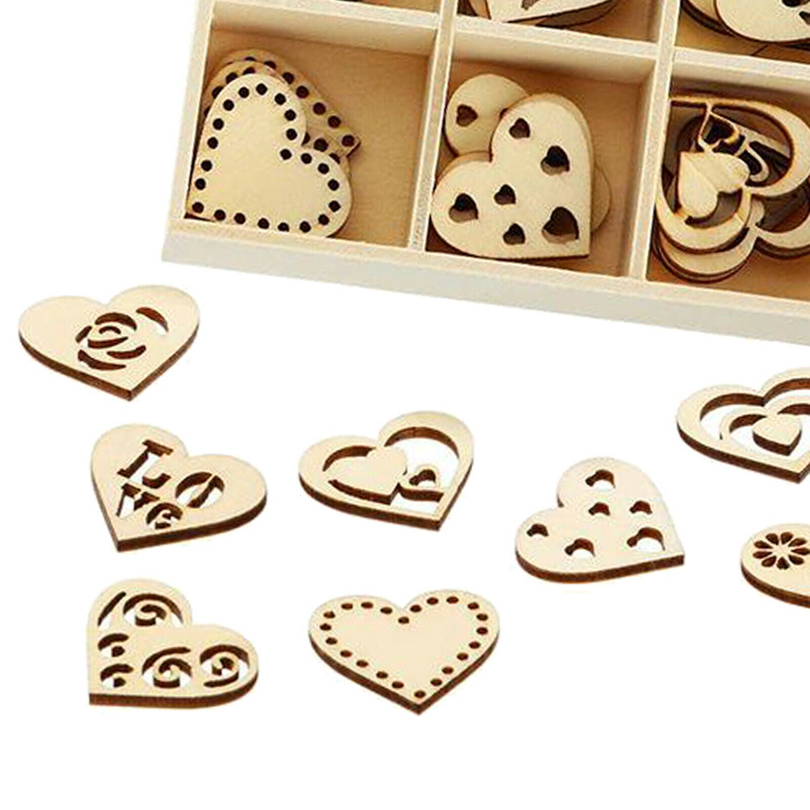 45Pcs Wooden Ornaments Heart Wood Embellishments Crafts Set Hollow Design with