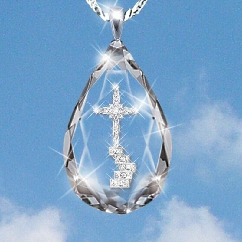 Christian Accessories Crystal Water Drop Heaven Ladder Cross Pendant Necklace