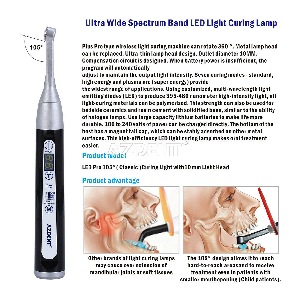 Dental Wireless Pro LED Curing Light 1s Cure 1800 mw/cm2 Stainless Steel Head