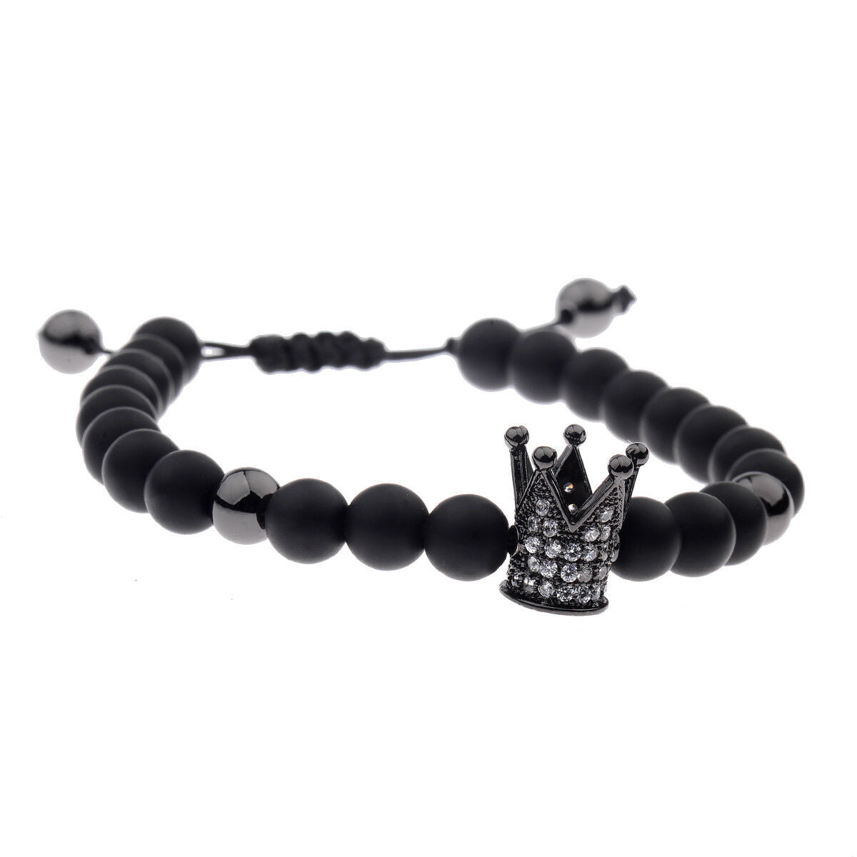 Charm Men Cubic Zircon 24kt Black Plated Crown Bracelet Bead Macrame Bracelets