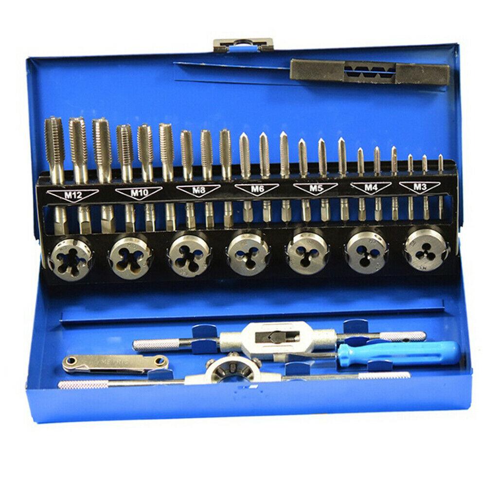 Tap and Die Set HSS Wrench Cut M3-12 Tap Thread Engineer Kit w/ Metal Case