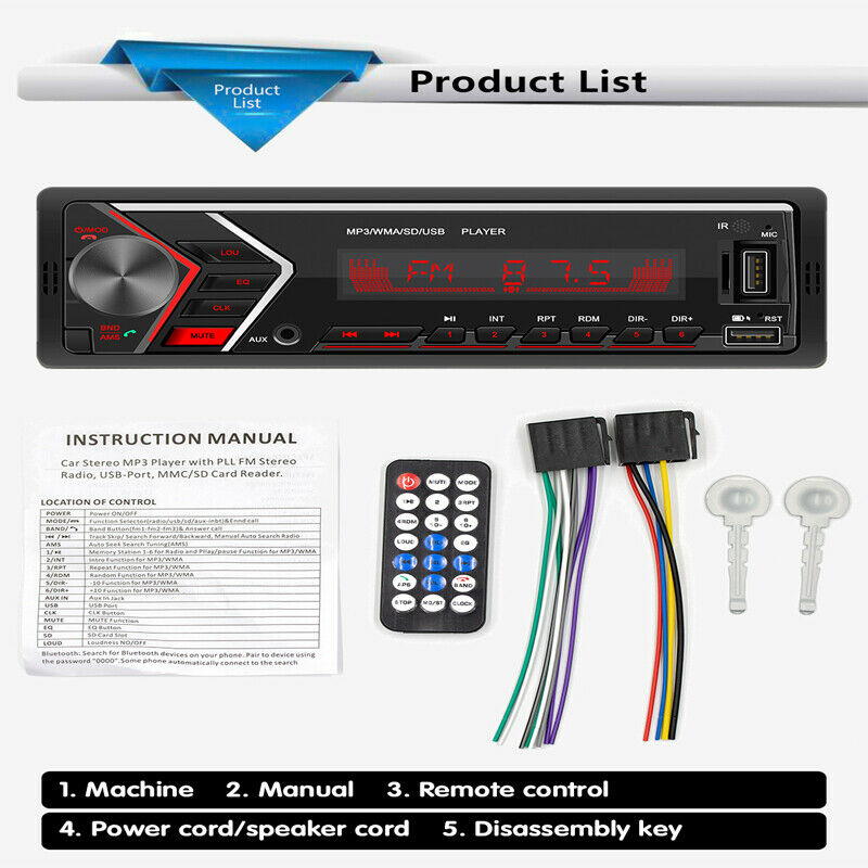 12V Car MP3 Player Audio In-Dash Bluetooth Hands-free FM Radio Colorful Lights