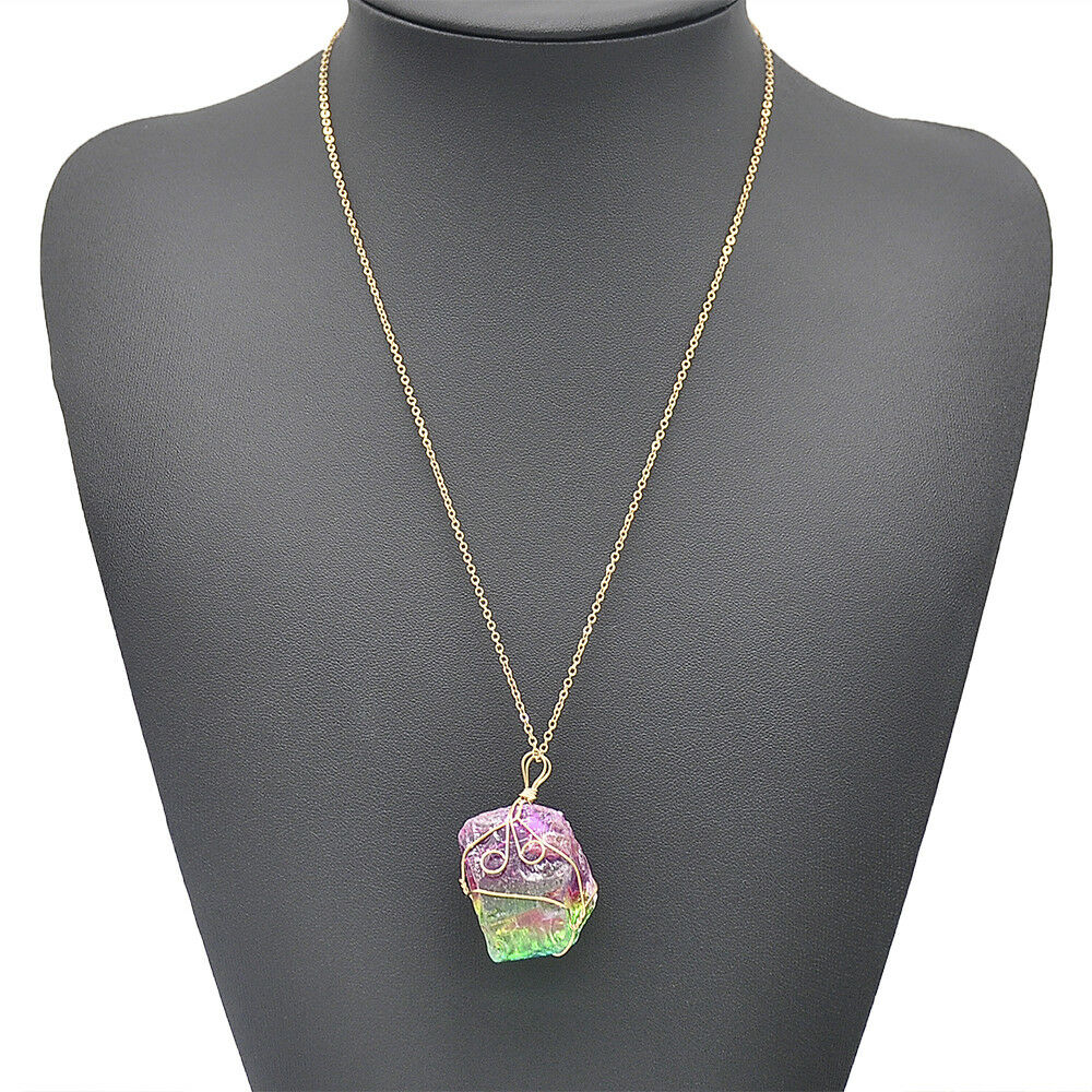 Natural Crystal Rainbow Stone Chakra Rock Chain Necklace Quartz Pendant Jewelry