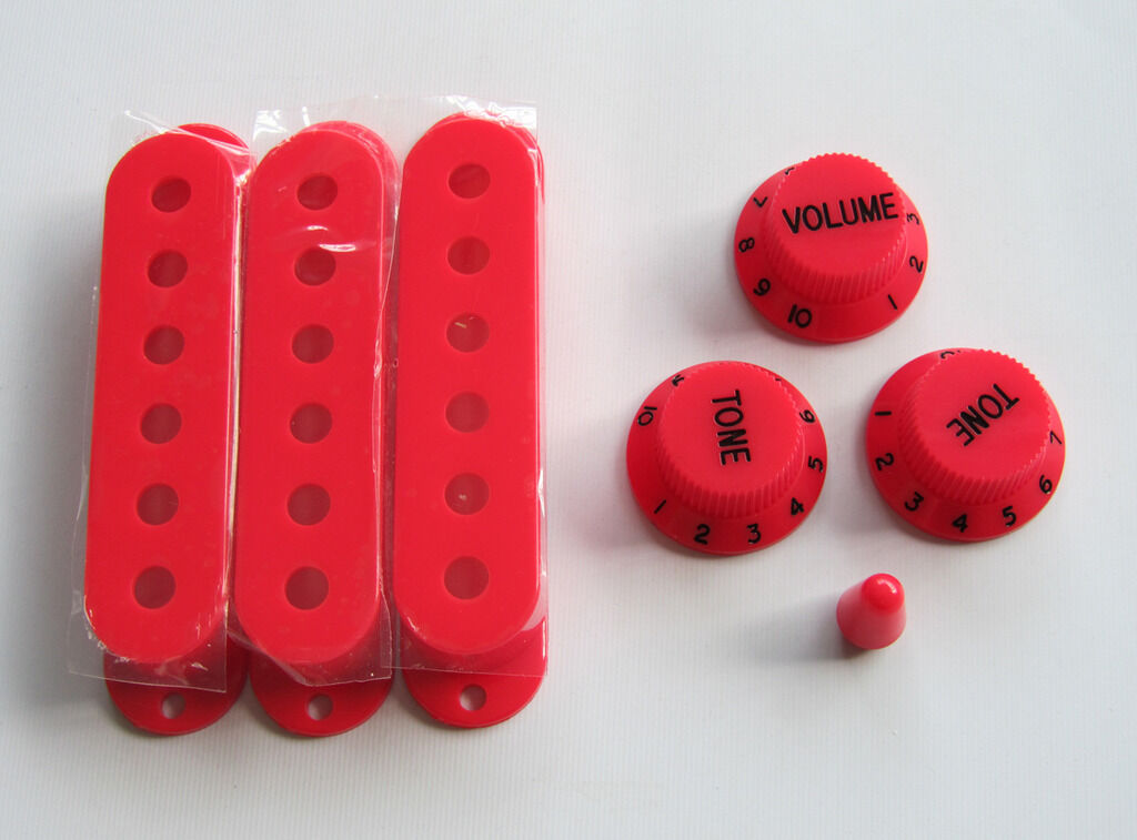 Red/Black Strat Knobs,ST Single Coil Pickup Covers and 5 Way Switch Tip Red