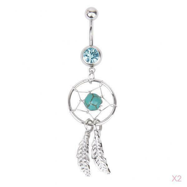 2 Pcs 14G Stainless Steel Barbell Crystal Dream Catcher Dangle Navel Belly Ring