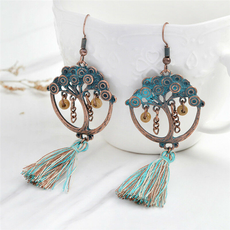 Bohemian  Tree of Life Long Tassel Earrings Fringe Drop Dangle Earrings  .l8