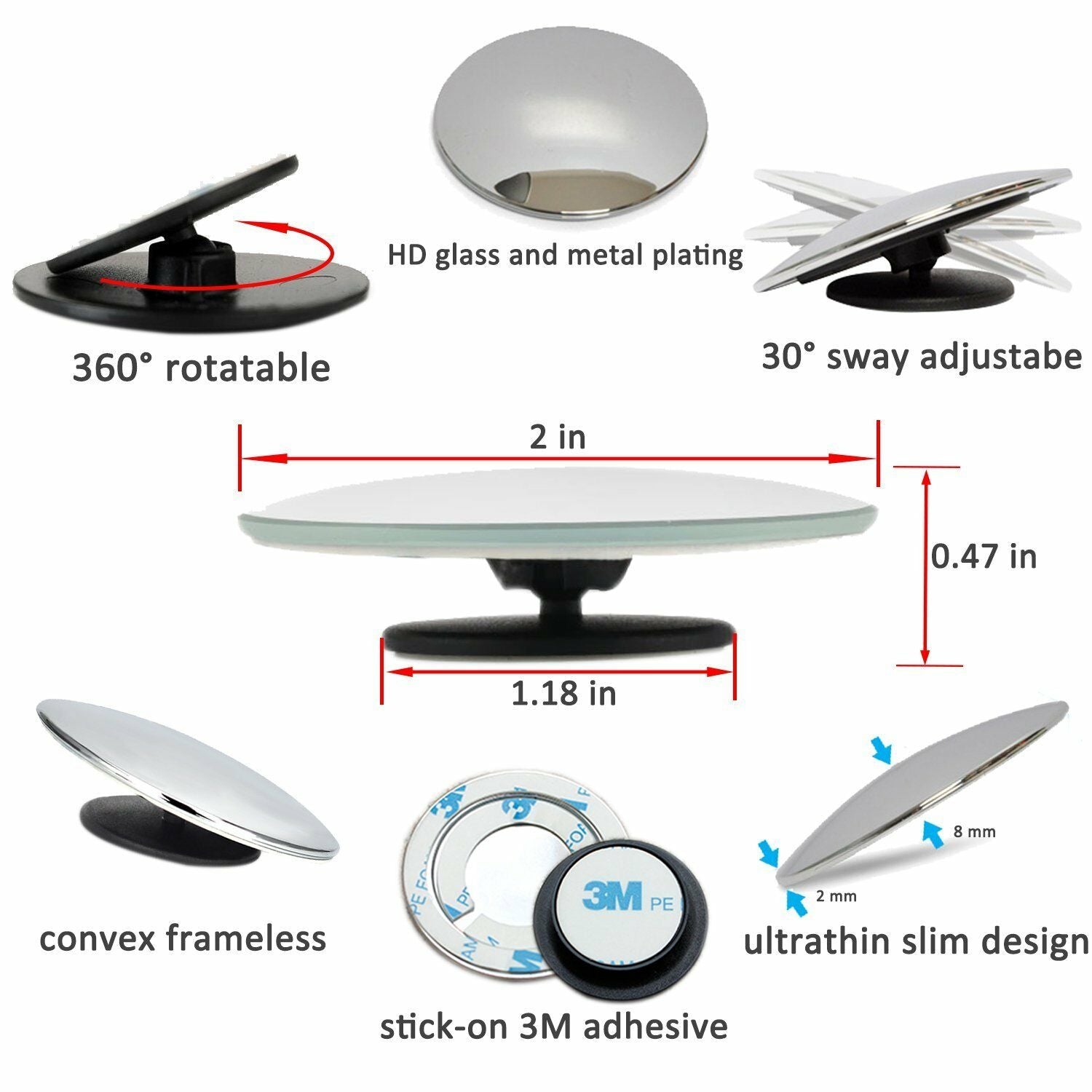 2" Round Stick On Rear-view Blind Spot Convex Wide Angle Mirrors Motorcycle ATV