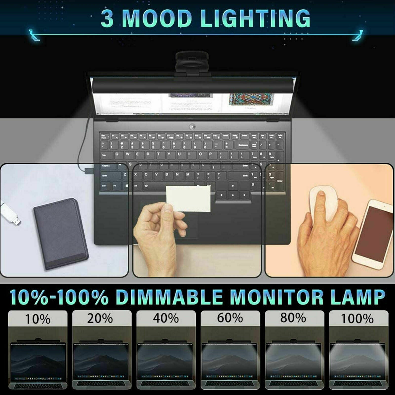 LED Desk Lamp USB Computer Laptop Monitor Screen Clamping Light Bar Office Home
