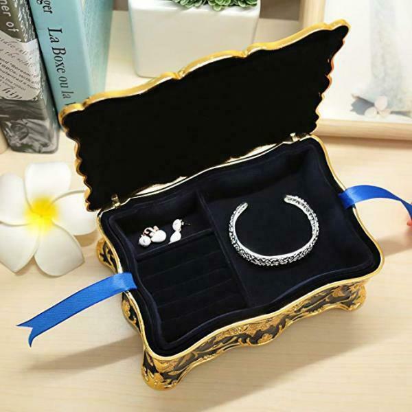Retro Enamel Flower Sculpture Trinkets Chest Jewelry Box Organizer Dark Blue