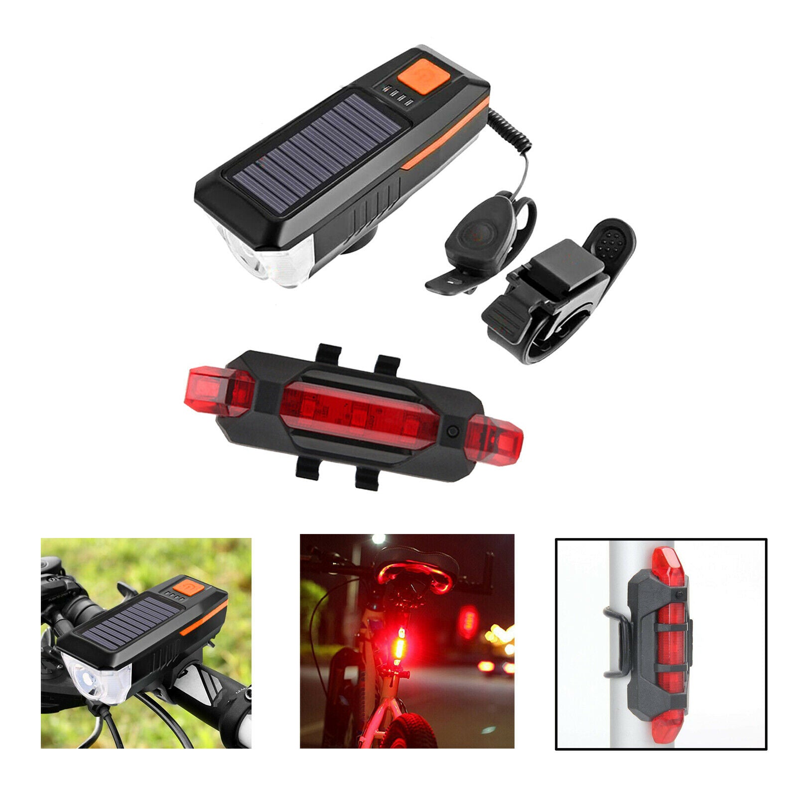 2pcs Bicycle Solar Power/USB Head Light Tail Lamp for Mountain Bikes Riding