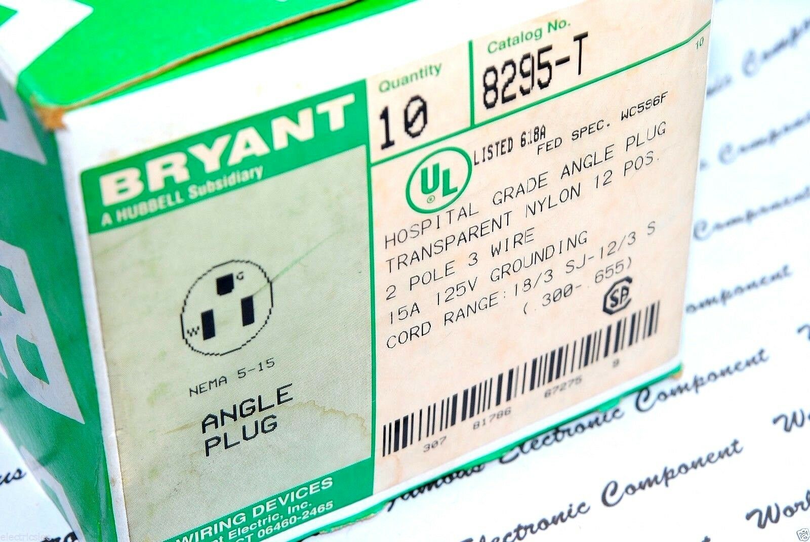 1pcs - BRYANT 8295-T 15A 125V 2P3W NEMA5-15P Hospital Grade Angle Plug