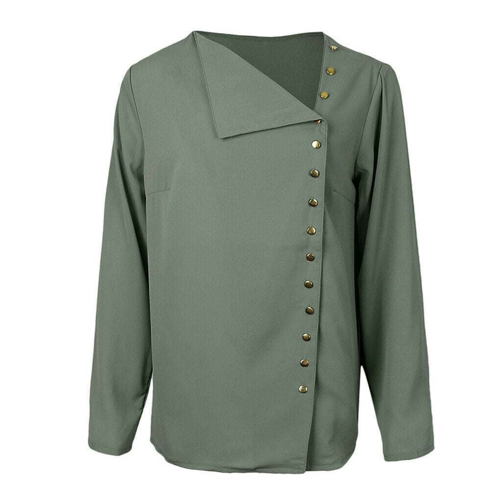 Solid Chiffon Turndown Collar Asymmetric Button Long Sleeve Blouse L Green