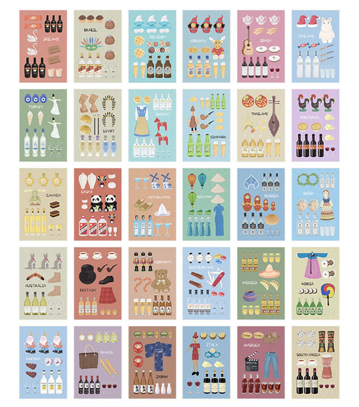 30pcs/Box Travel Postcard CartoonÂ Cultural and Customs Posters Wall Decor 14x9cm