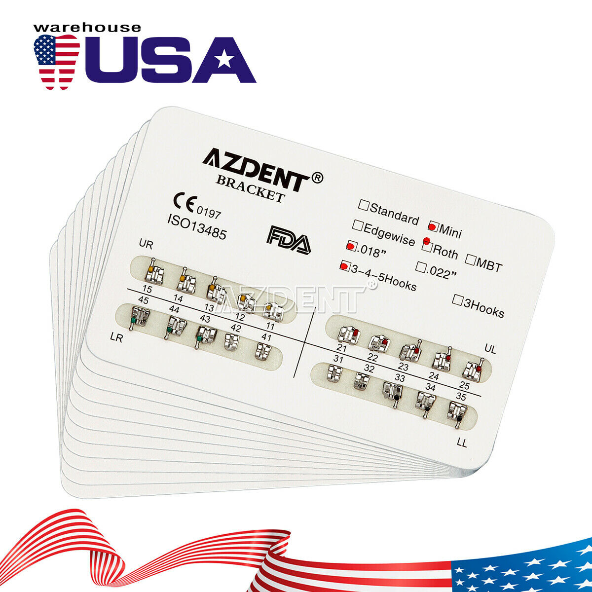 20pcs Orthodontic Metal Braces Brackets Dental Mini Roth 018 Hooks 3-4-5 AZDENT
