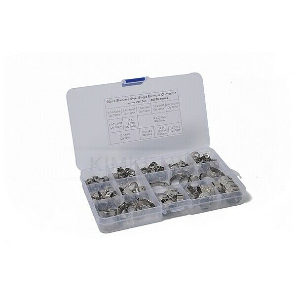 90pcs Stainless Steel Single Ear Hose Clamps Fuel Air Pipe O-Clips 12 Size Kits