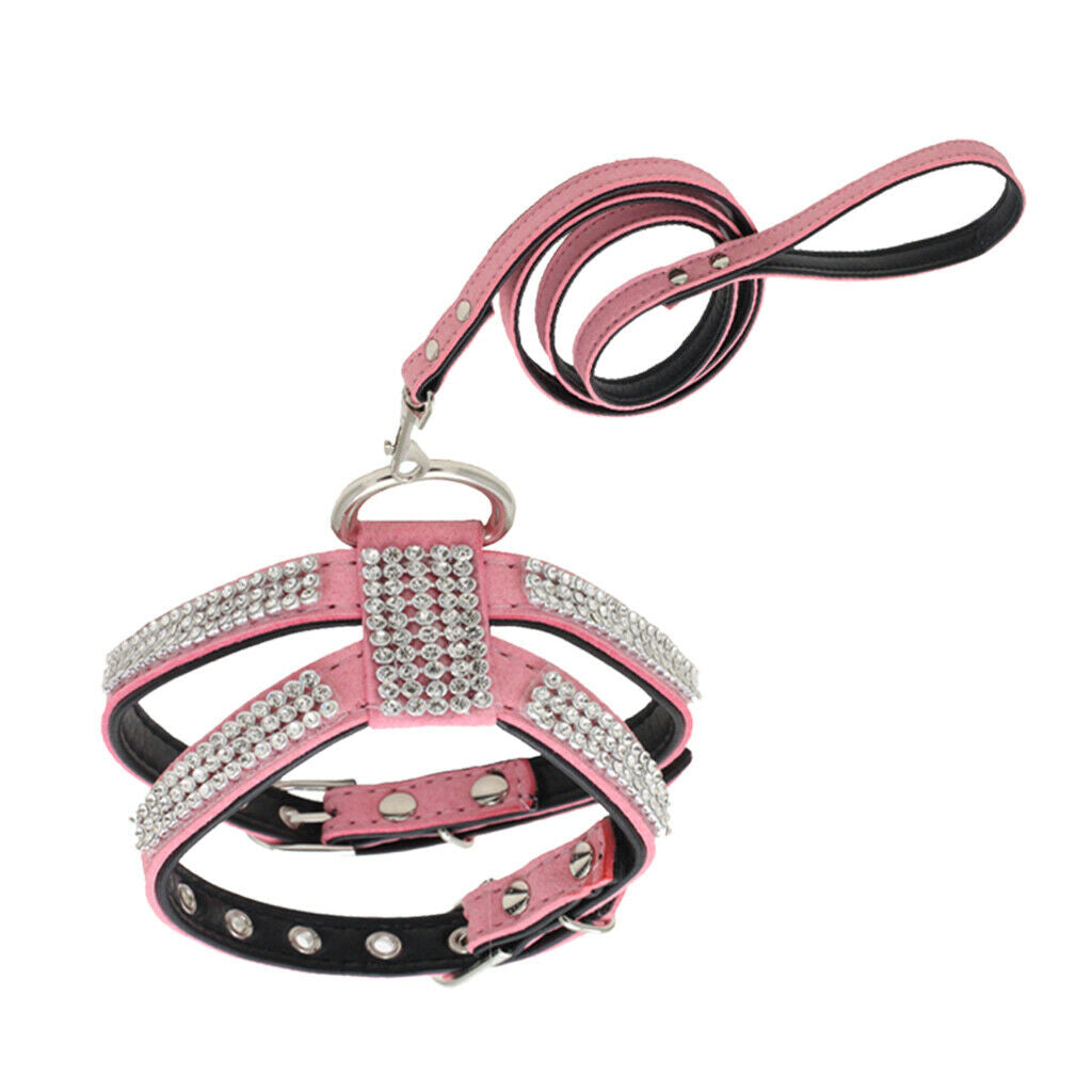 Bling Diamond Crystal Collar Pet Cat Dog Harness Chest Strap Lead Pink S