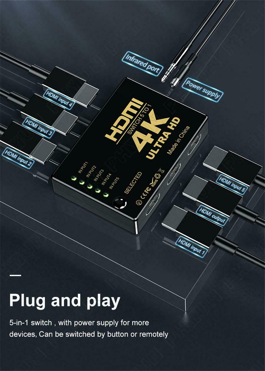 5 Port HDMI HDCP 4K Auto Switch Seletor Splitter Hub IR Remote HDTV 5 In 1 Out