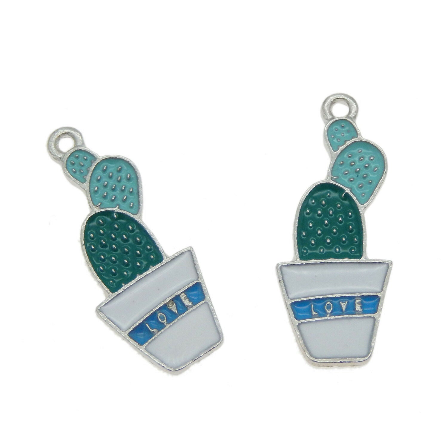 16 pcs Green Enamel Metal Potted Cactus Plants Charms Pendants Findings 27x11 MM