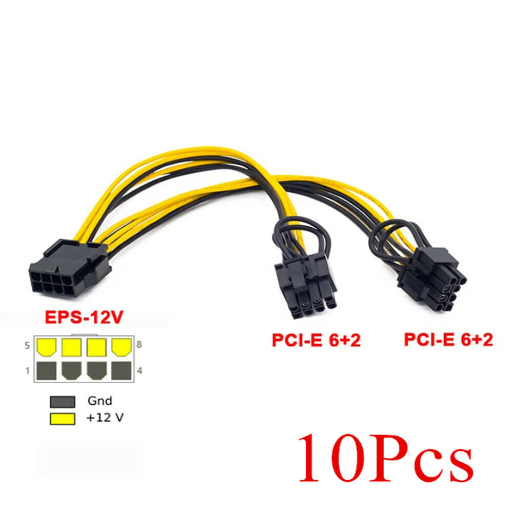 10x EPS CPU 8 Pin to Dual 8 (6+2) Pin PCIE Male Adapter Power Supply Cable 22cm