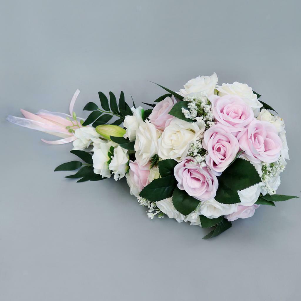 Wedding Hand Bouquet Bridal Holding Artificial Flowers White + Pink