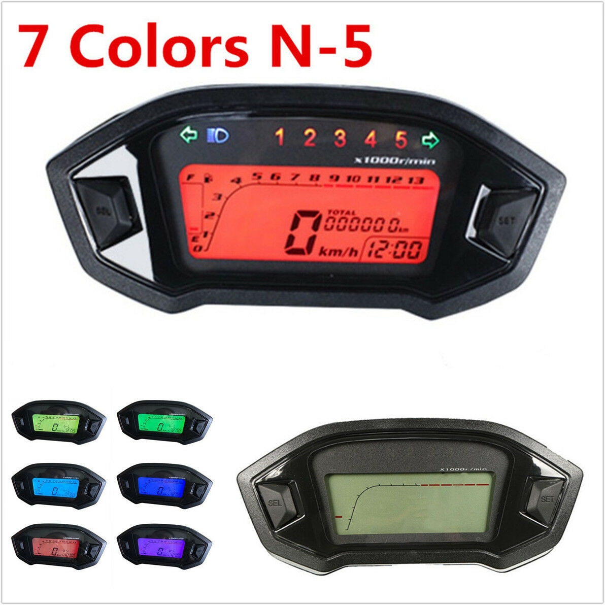 12V Motorcycle 7 Colors Backlit LCD Digital Speedometer Odometer Gauge Meter N-5