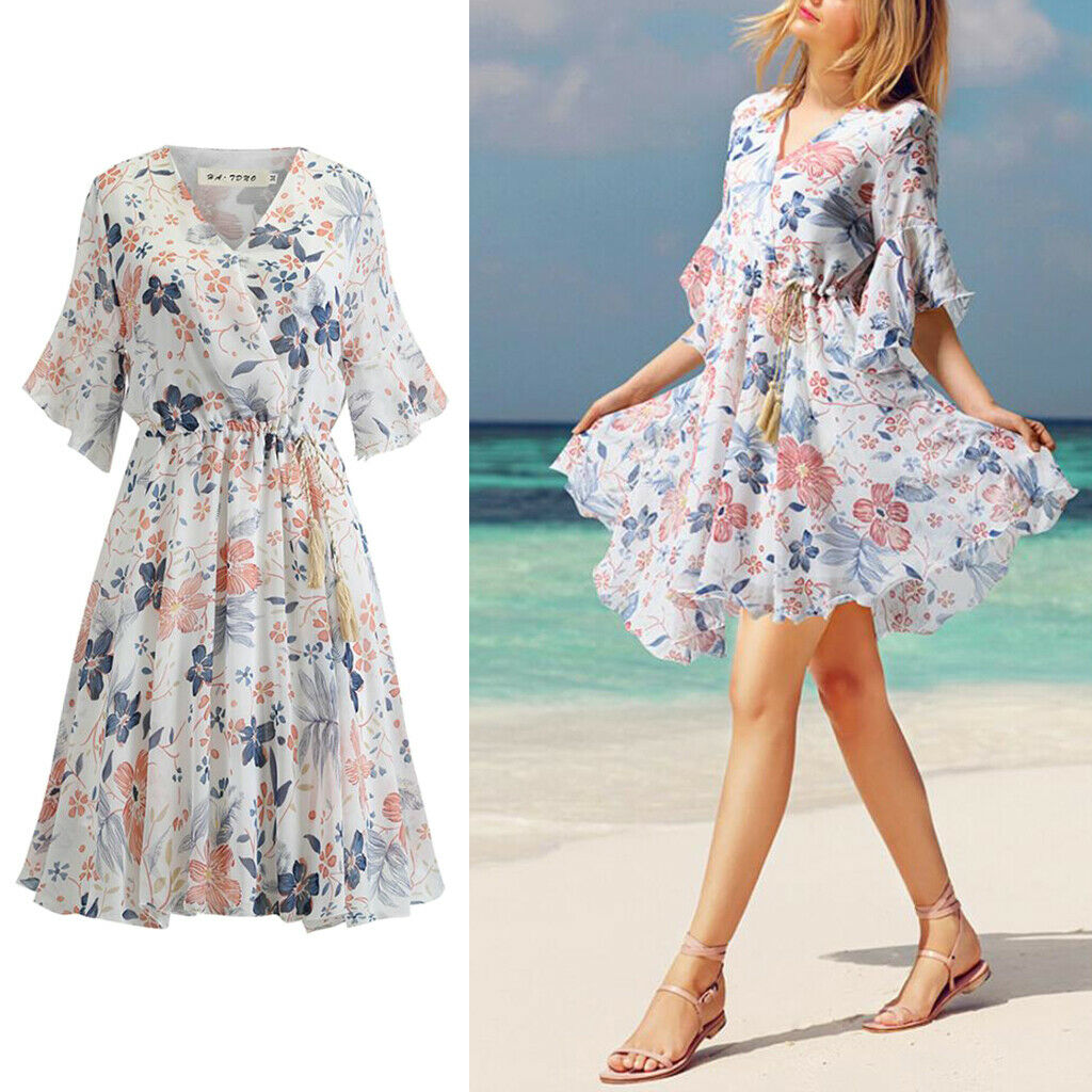 Womens Summer Floral Print Dress Casual Swing Boho Beach Midi Dress M