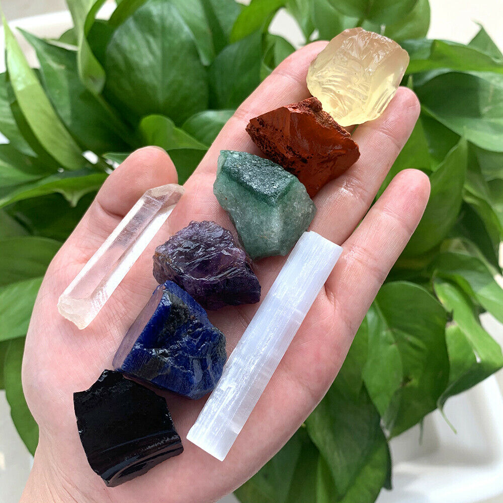 Large Chakra Stones Set: 7 Rough Crystals & Raw Selenite Wand (CHARGED ROCKS)