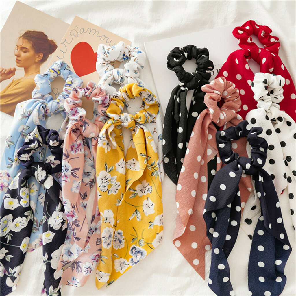 10Pcs Women Girls Hair Ties Scrunchie Floral Polka Dot Elastic Hair Band