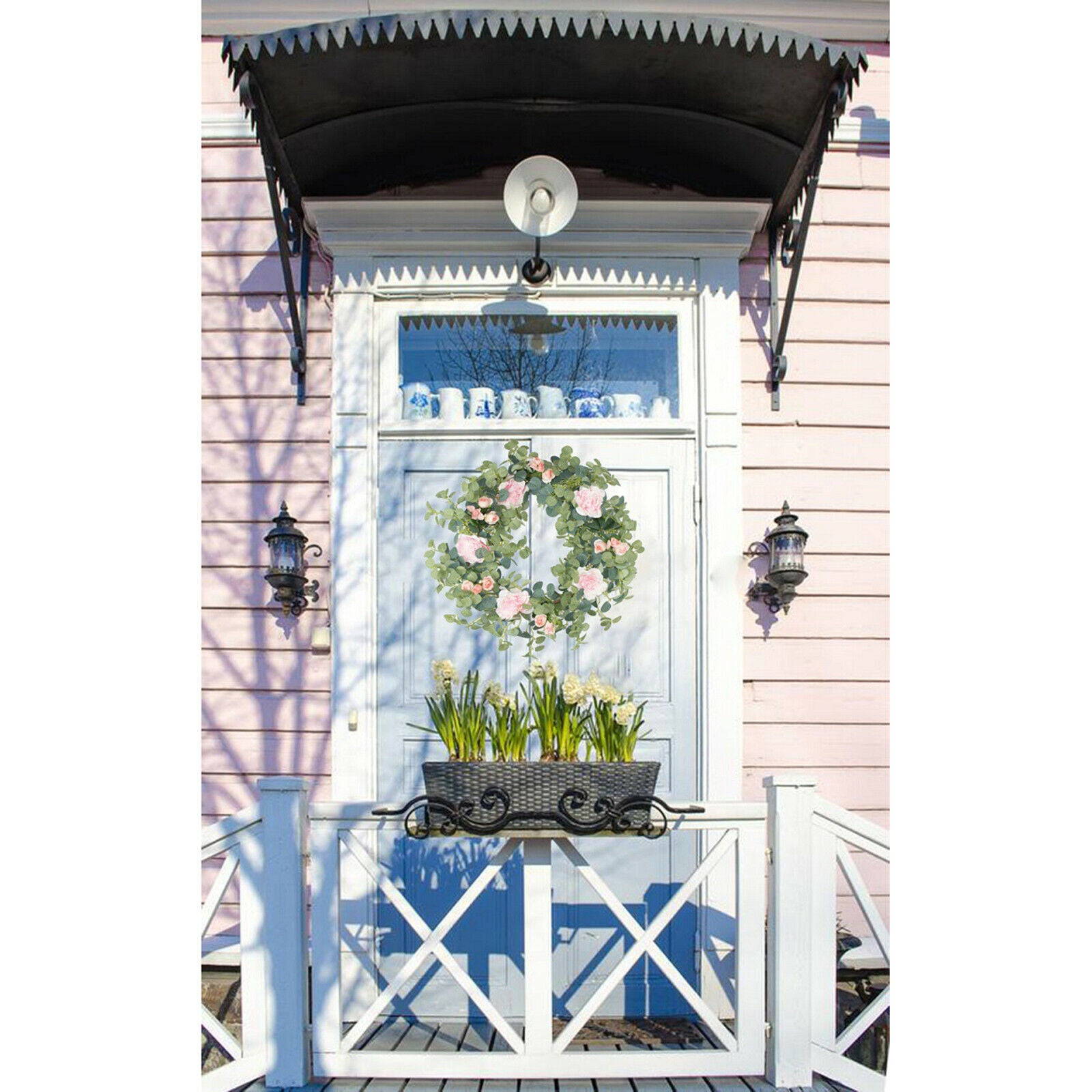 Artificial Eucalyptus Wreath Front Door Silk Rose Garland Spring Outdoor