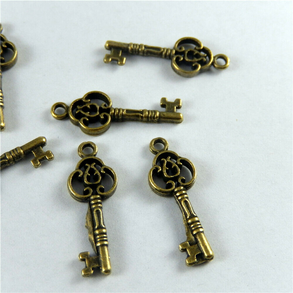 27x9x2mm Retro Bronze Alloy Chic Key Shape Floral Jewelry Pendant Charm 30-Pack