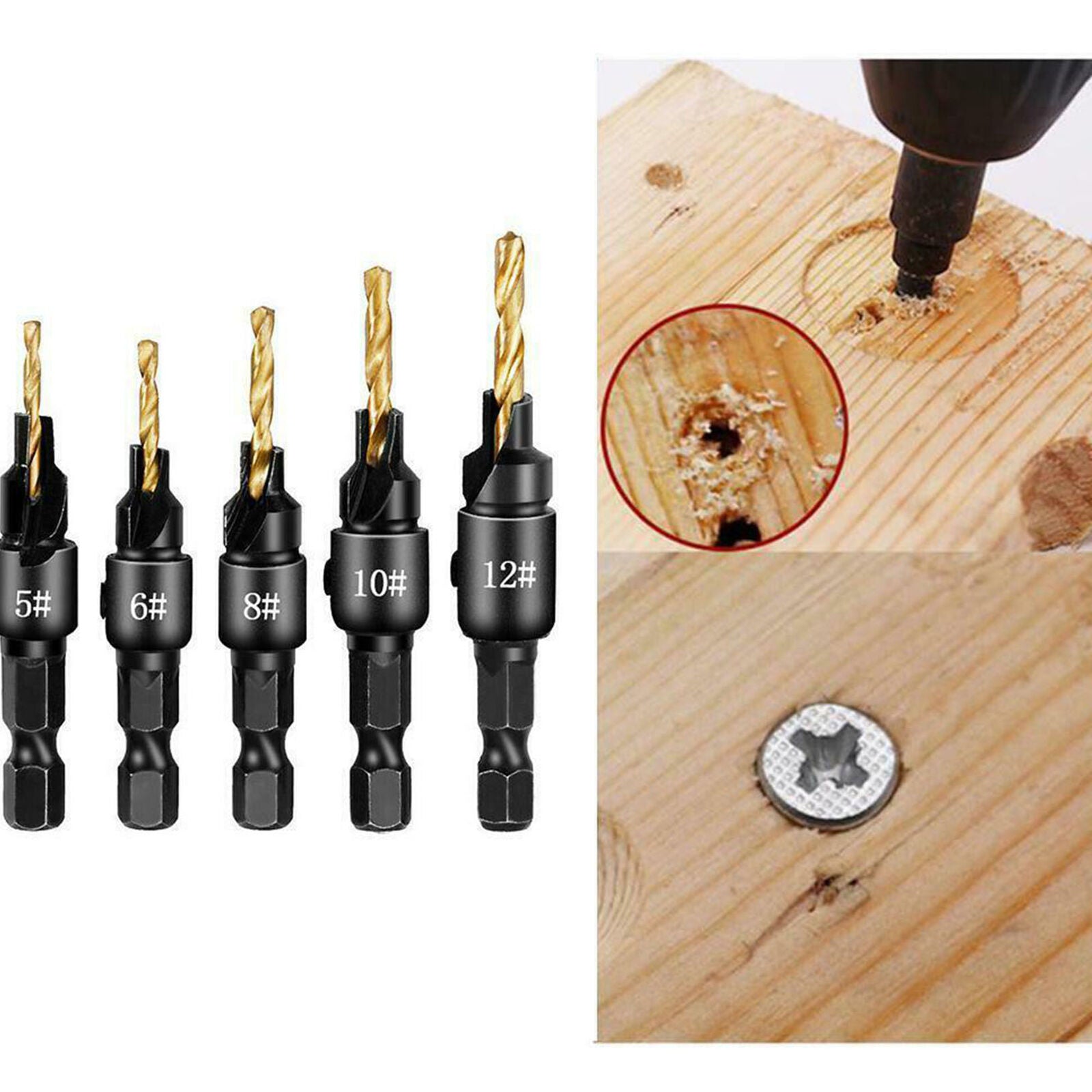 5Pcs 5 Flutes 6-12# Carpentry Countersink Drill Bit Set 1/4" Hex Shank HSS