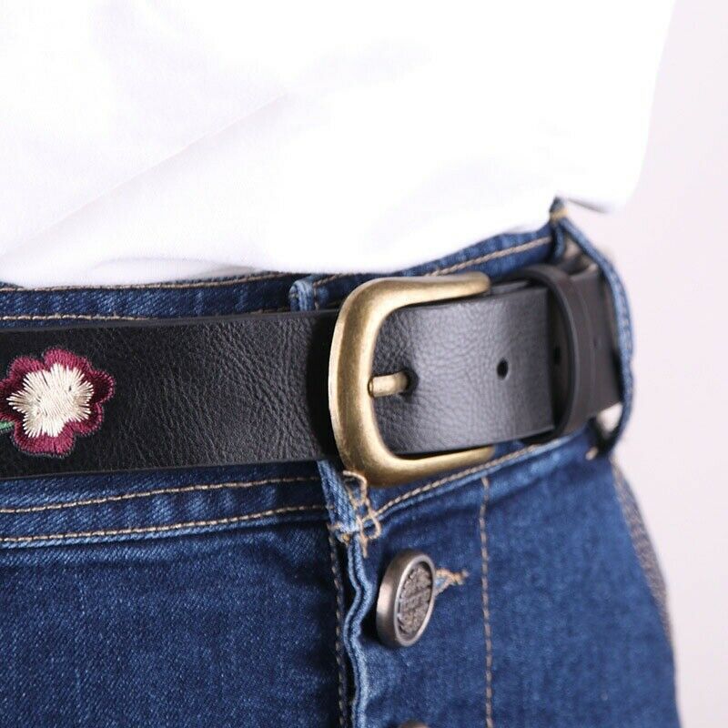 Women Belt Leather Metal Buckle Waistband Retro Embroidered Flower 110cm Long