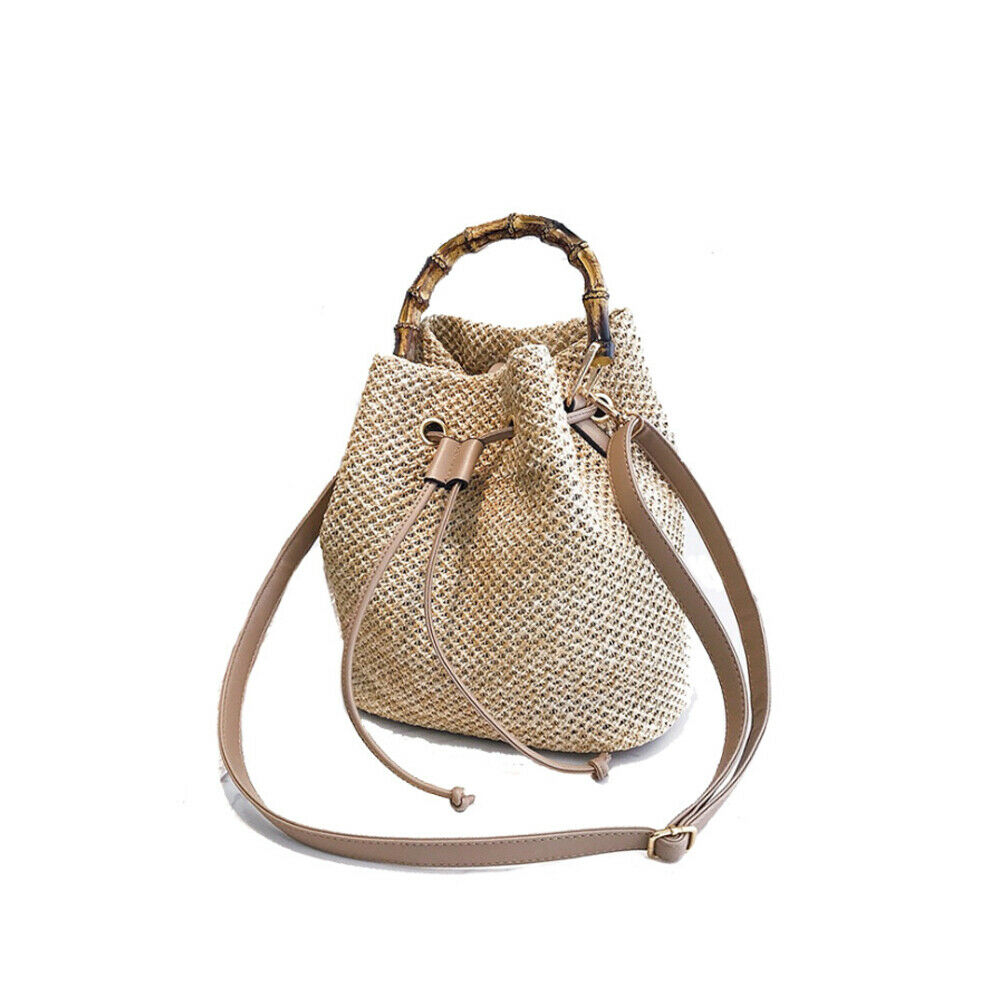 Stylish Draw String Straw Handbags Tote Bench Travel Rttan Women's Shoulder Bags