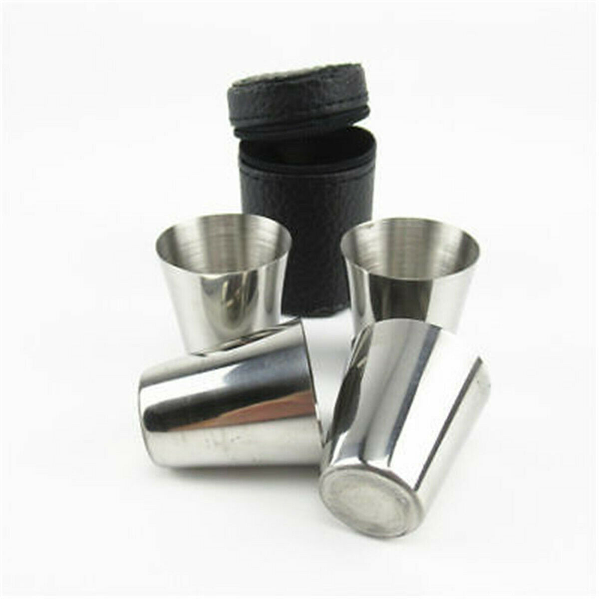 8X Portable Stainless Steel Shot Glass Cup Drinking Mug+2X PU Leather Cover Case