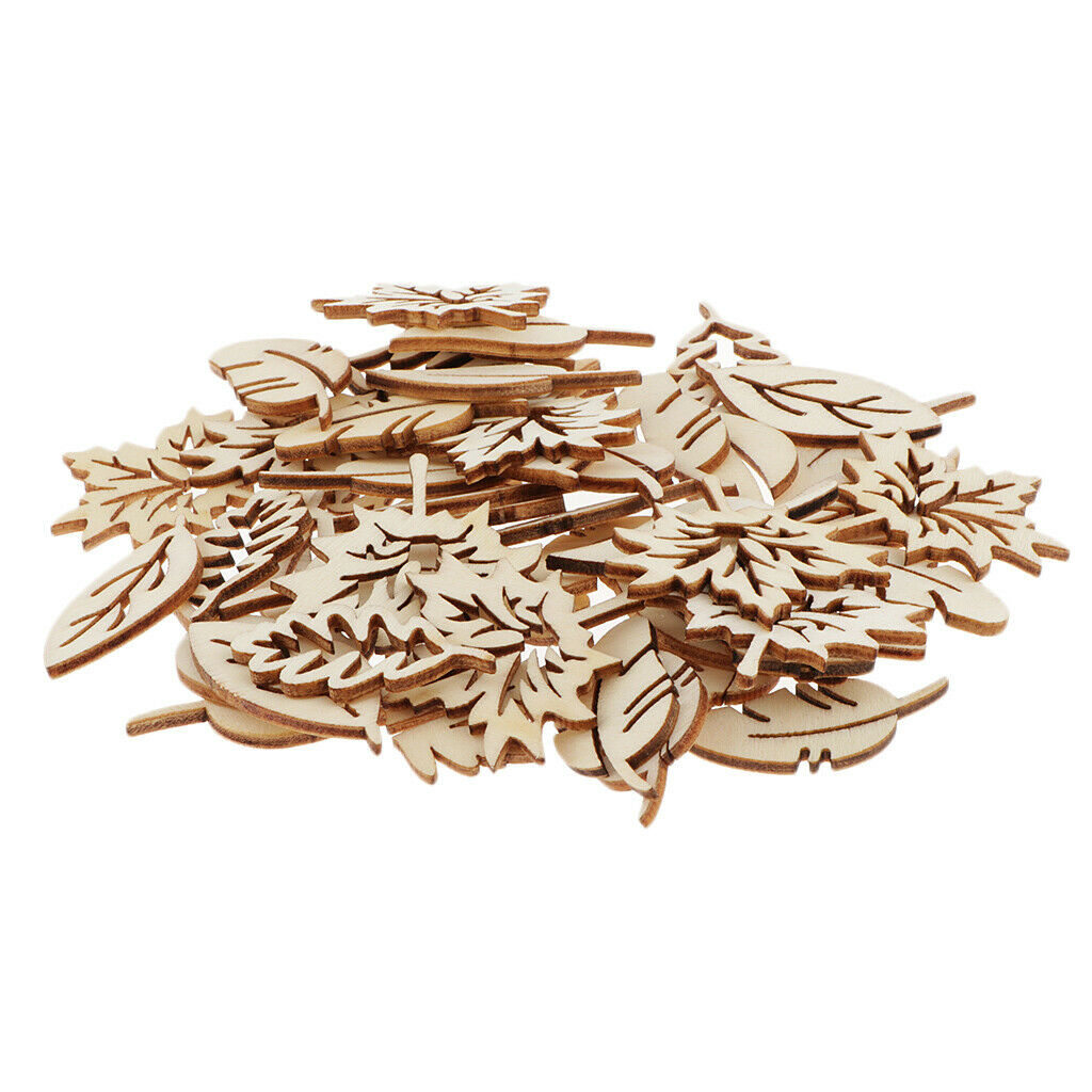 50Pack Hollow Leaves Wooden Pieces Scrapbooking Wood Chip DIY Art Hobbies