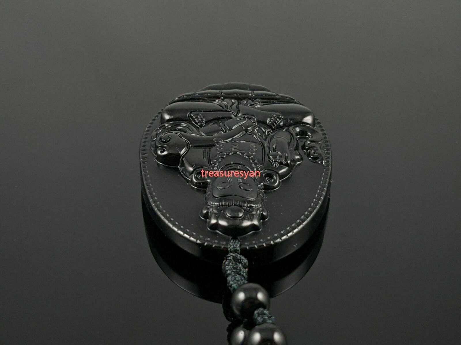 Natural Black Obsidian Guan Yin Pendant with Woven Necklace