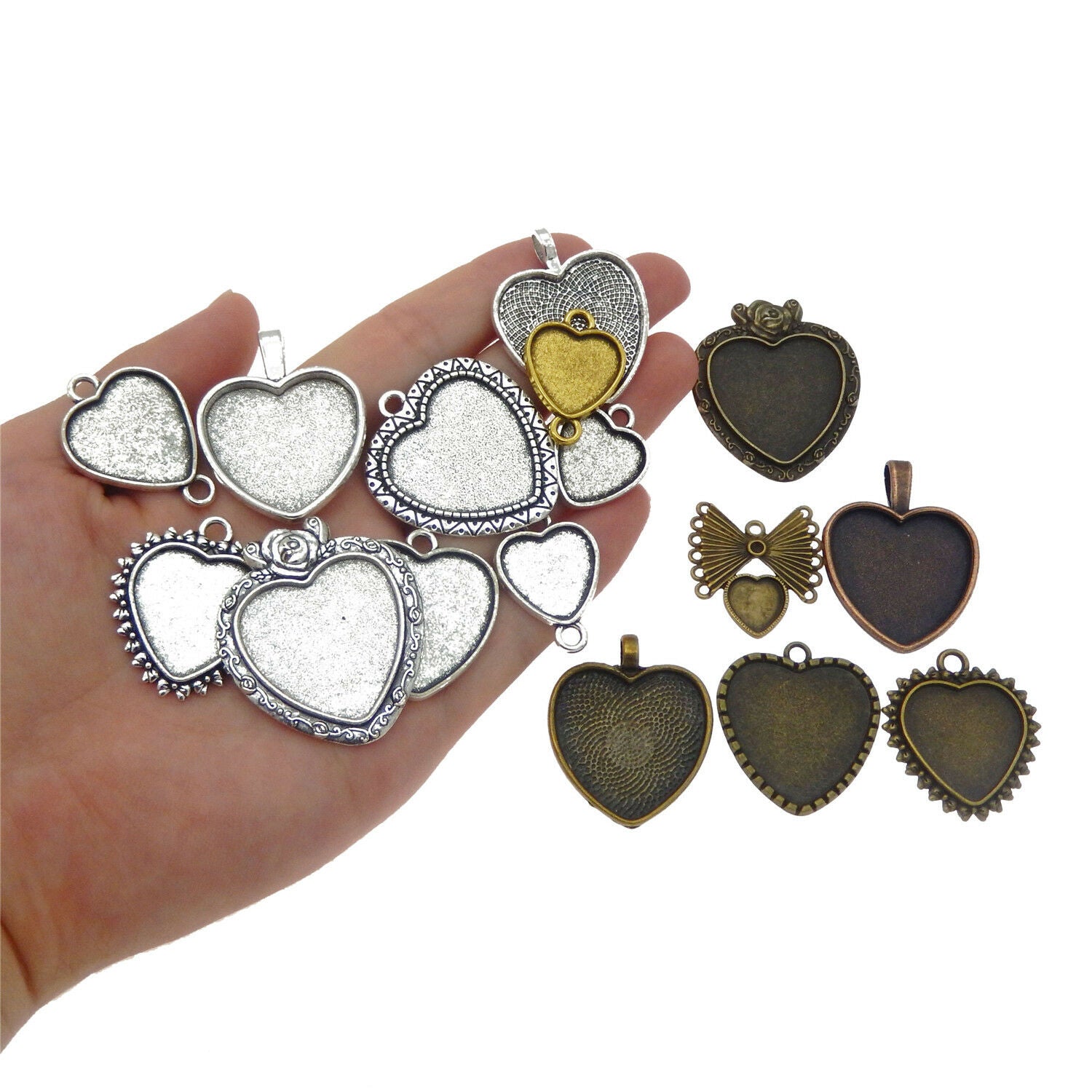 9 Mix Retro Alloy Base Settings Heart Pendant Tray Bezel Frame Charm DIY Crafts