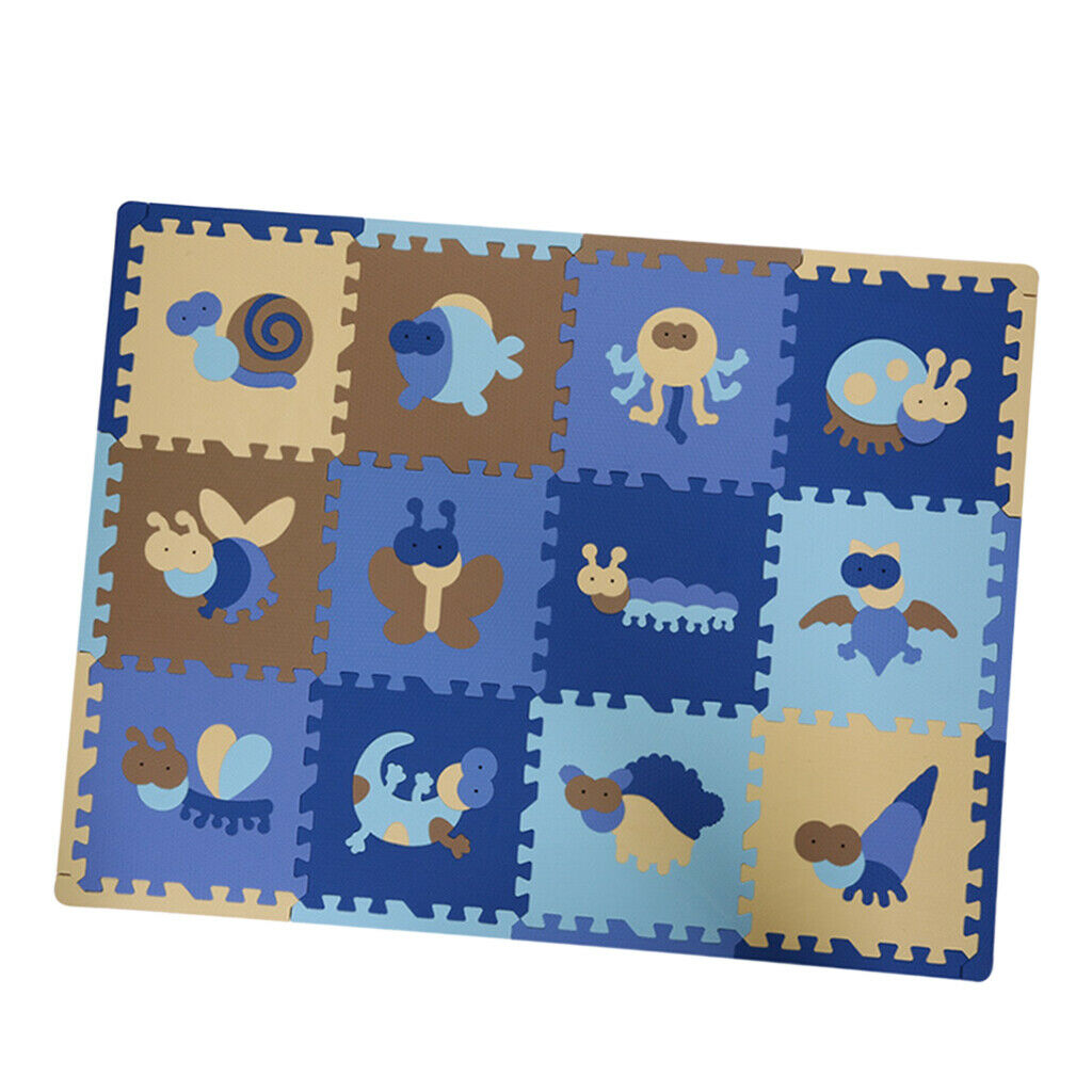 12Pieces Foam Puzzle Exercise Mat Interlocking Floor Tiles insect Blue