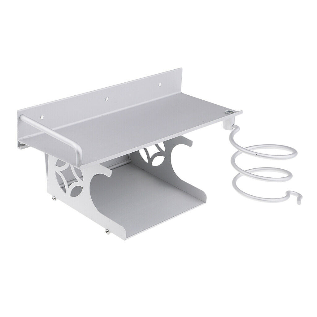2 Layer Wall Hair Dryer Rack Space Aluminum Bathroom Makeup Organizer Shelf