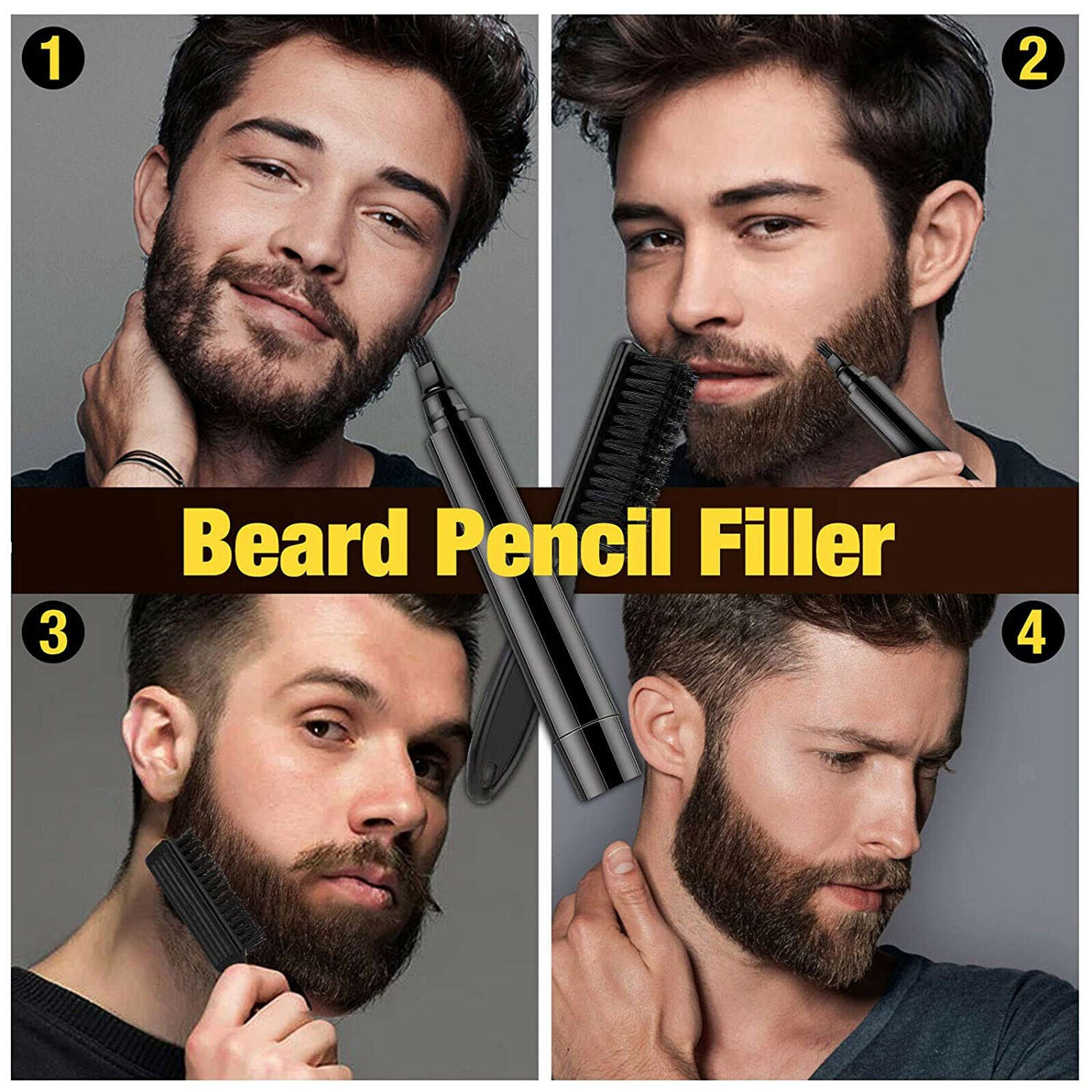 Beard Filler For Men Beard Pen & Beard Brush Natural Finish Pack black
