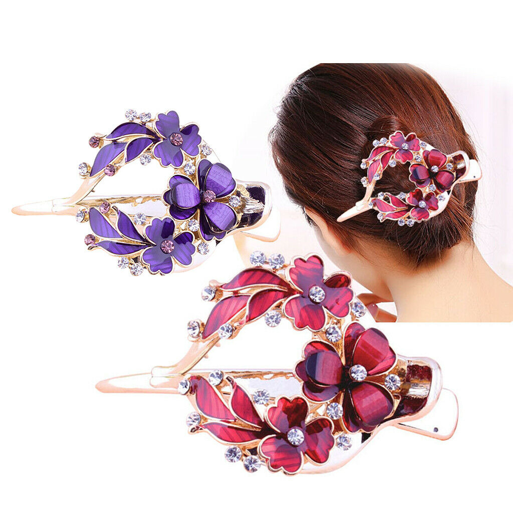 2pcs Lady Strong Floral Hair Clip Crystal Thin Hair Pin Clamp Hair Jewelry