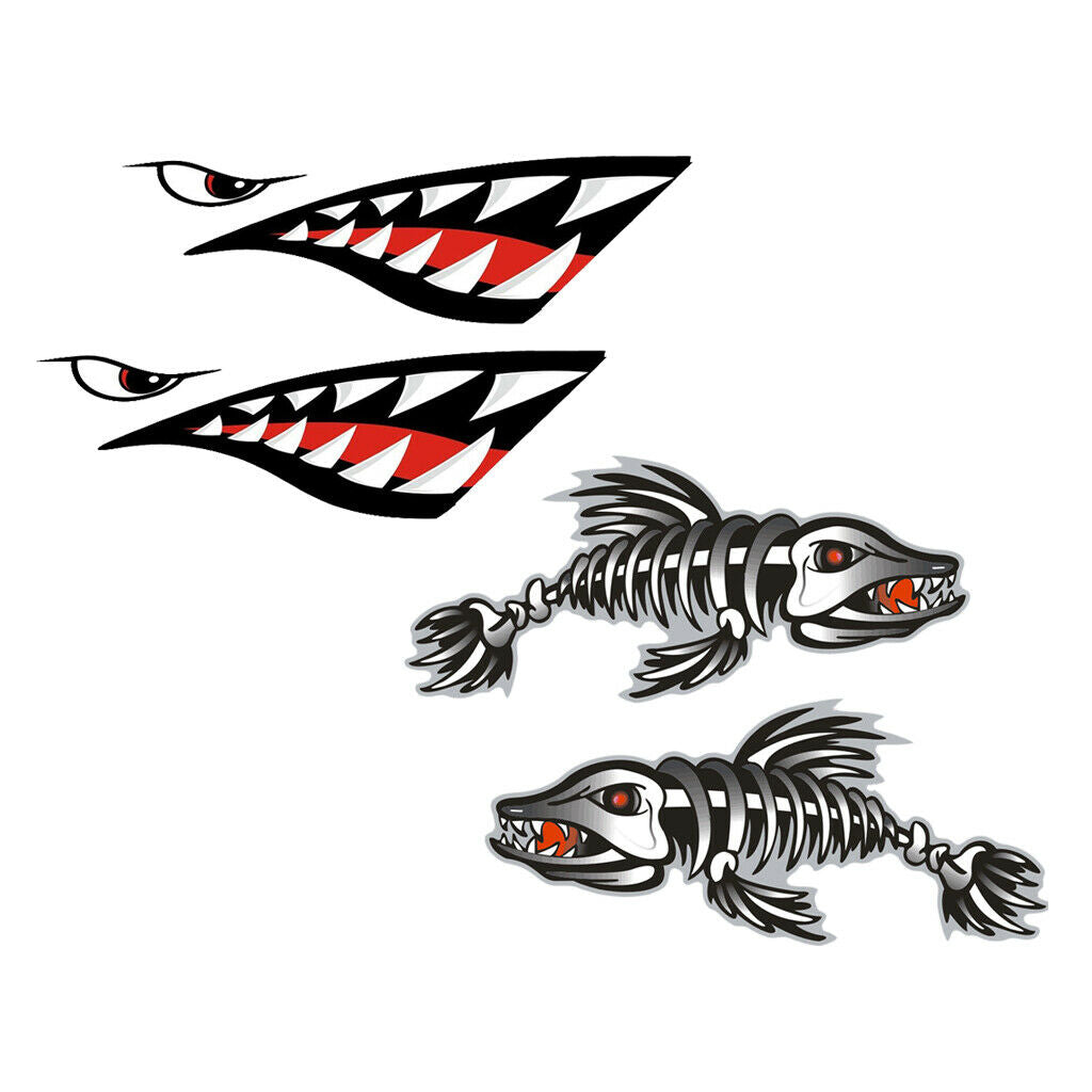 Vinyl 2x Shark Mouth + 2x   Skeleton Kayak Canoe Boat Car Decals Stickers