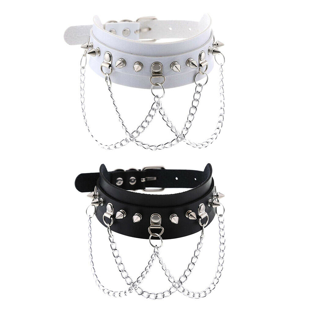 2Pcs Pu Leather Choker Collar Women Men Studs Chains Necklace Rock Jewelry