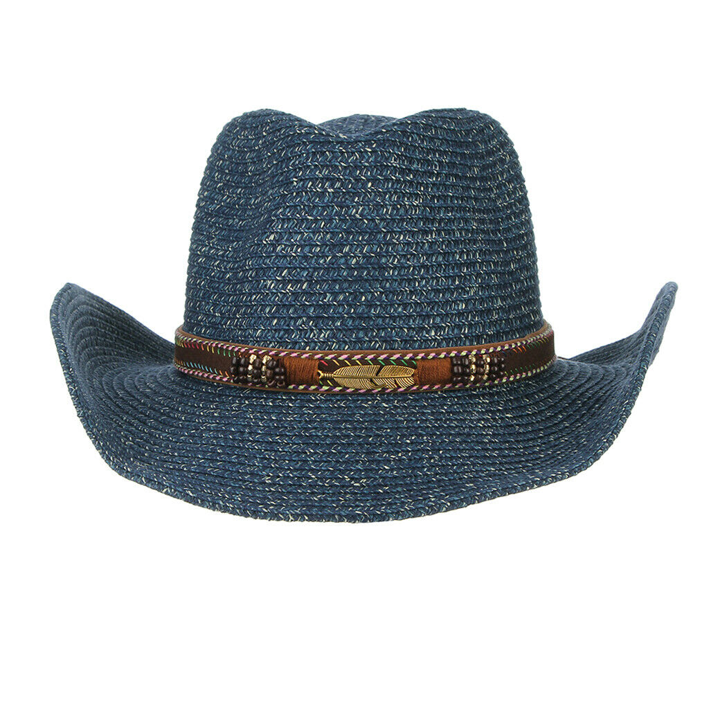 Unisex Western Style Straw Cowboy Cowgirl Hat Wide Brim Sun Hat Navy