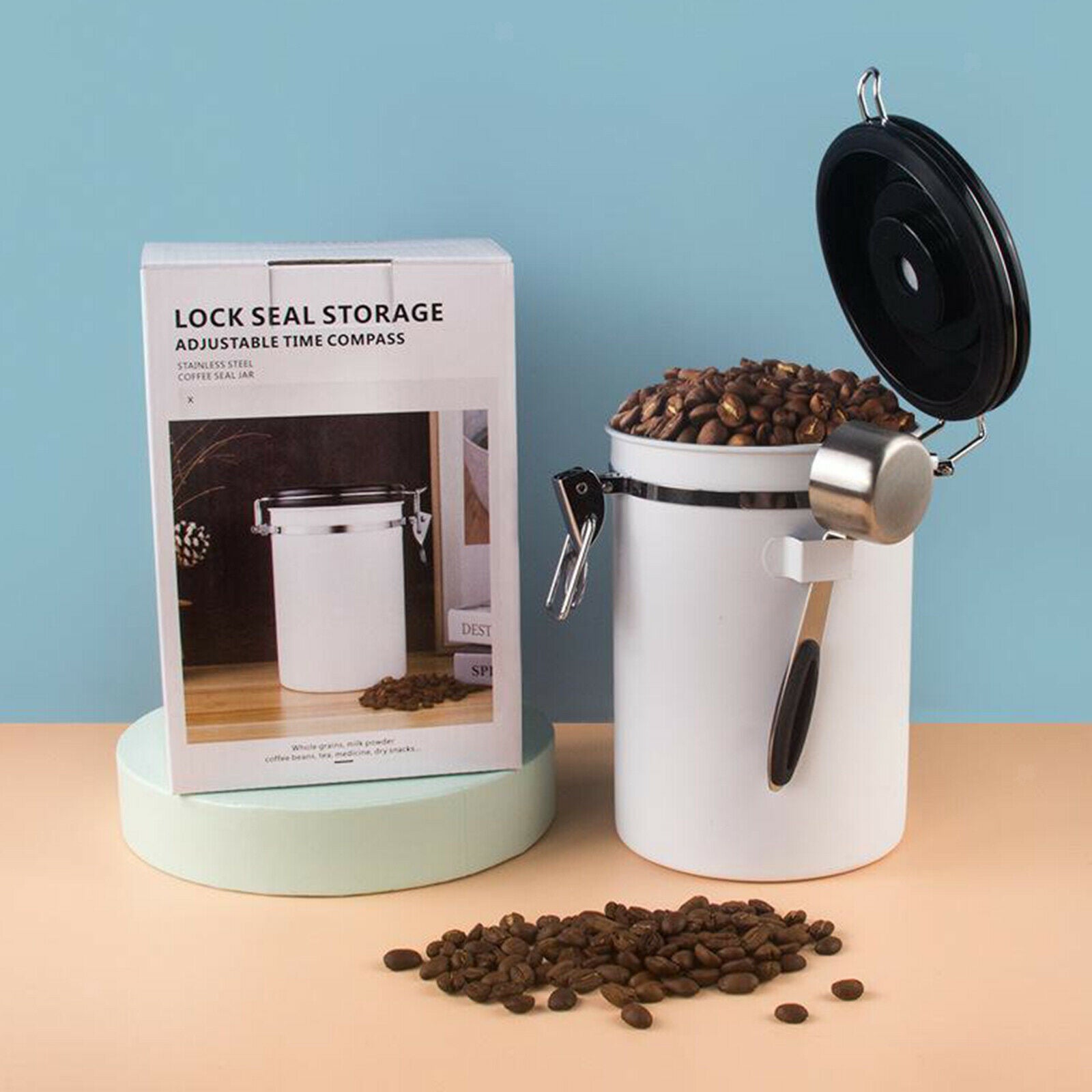 Coffee Canister Kitchen Dry Food Storage Container Airtight White 1800ml