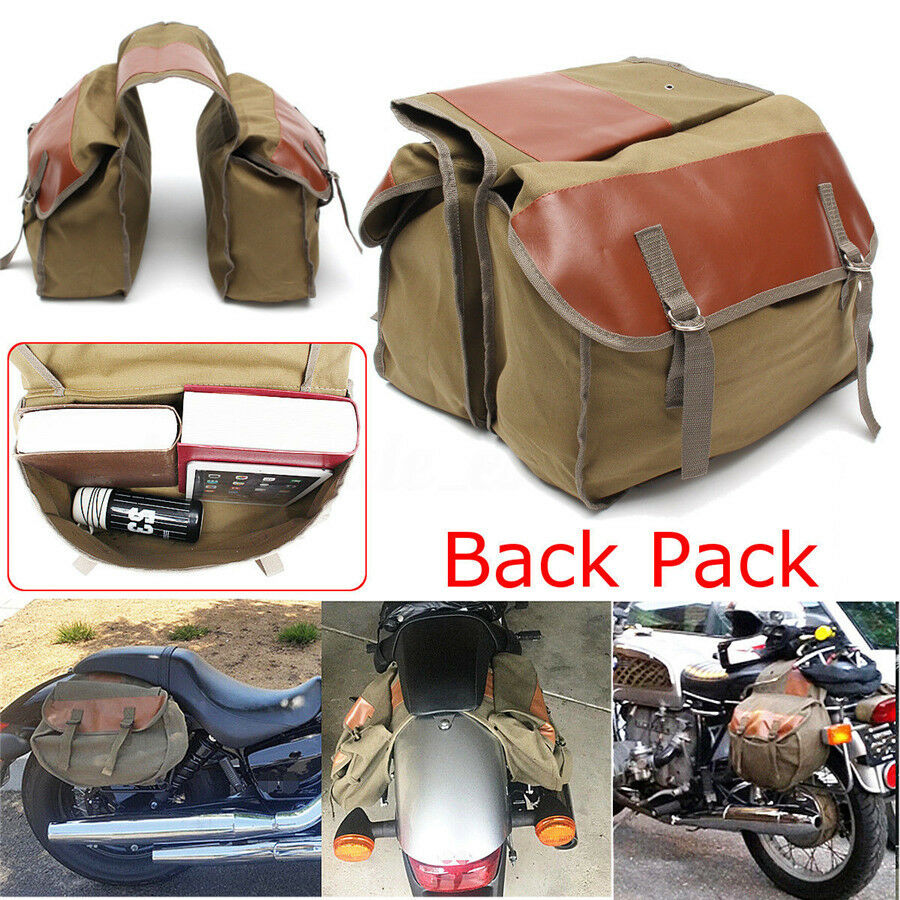 Light Motorcycle Saddle Bag Travel Essential Brown PU Leather+Army Green Canvas