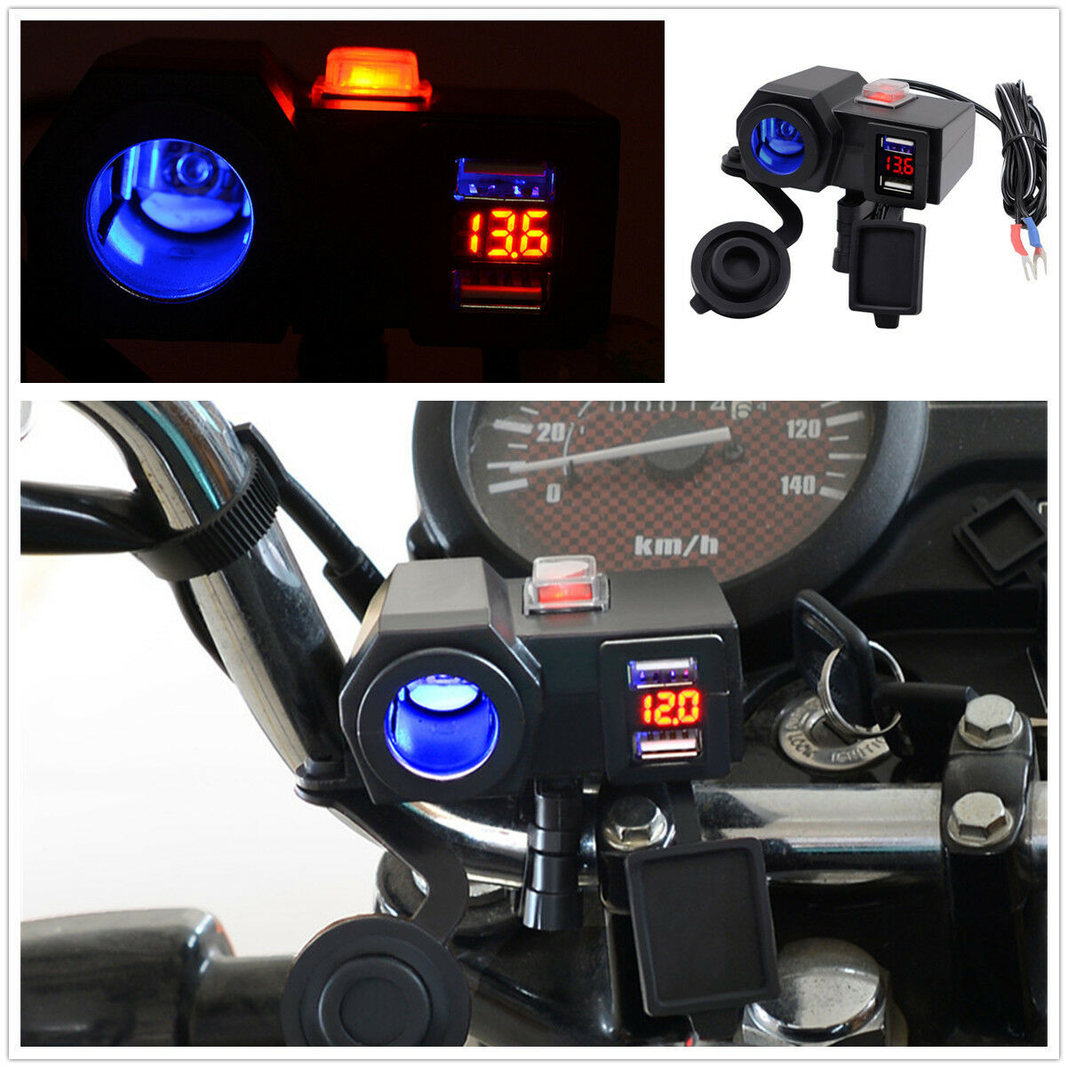 12-24V Motorcycle/Scooter/ATV Dual USB Power Port Charger Blue LED + Voltmeter