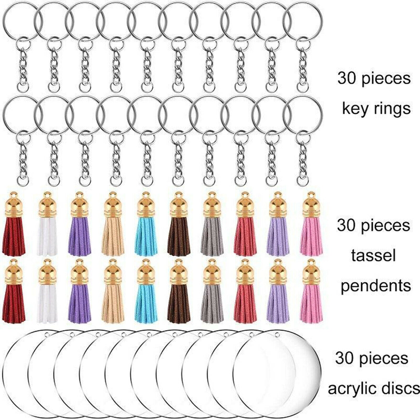 90Pcs Clear Acrylic Circle Discs Keychain Blanks Tassel Pendant Key Ring DIY