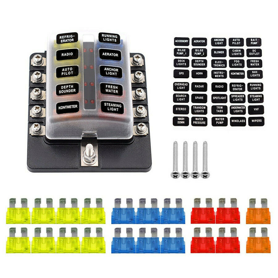 10-Way Blade Fuse Box Block Holder LED Indicator w/ Fuses for 12V 24V Car Marine