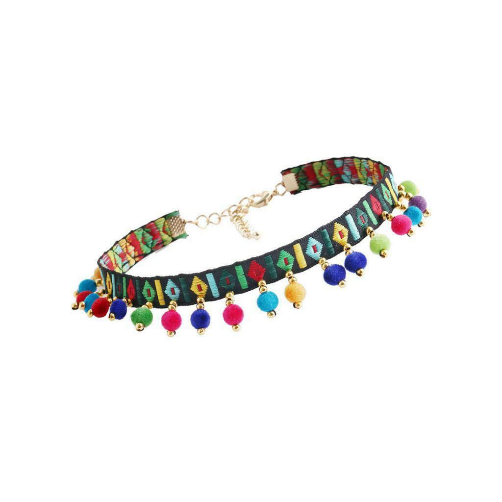 Retro Embroidery Pom Pom Ball Pendant Thin Necklace Collar